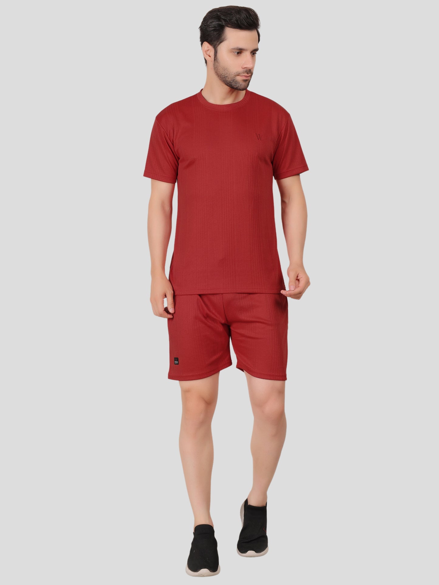 YOUTH ROBE Men's Co-Ord Set , Knitted T-Shirt and Short  (Maroon)