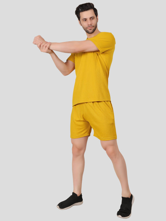 YOUTH ROBE Men's Co-Ord Set , Knitted T-Shirt and Short  (Mustard Yellow)