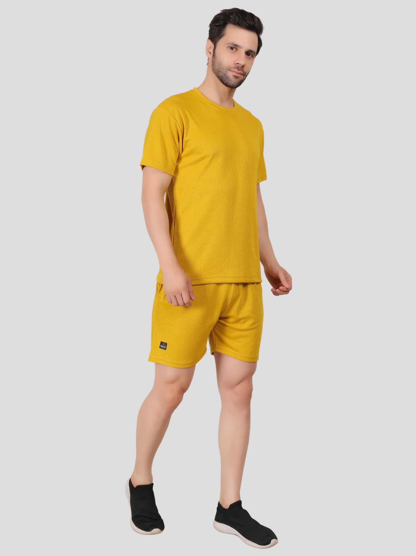 YOUTH ROBE Men's Co-Ord Set , Knitted T-Shirt and Short  (Mustard Yellow)