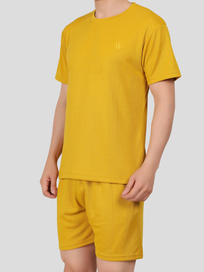 YOUTH ROBE Men's Co-Ord Set , Knitted T-Shirt and Short  (Mustard Yellow)