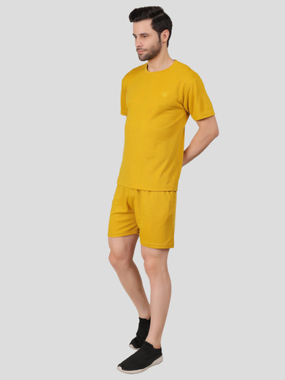 YOUTH ROBE Men's Co-Ord Set , Knitted T-Shirt and Short  (Mustard Yellow)