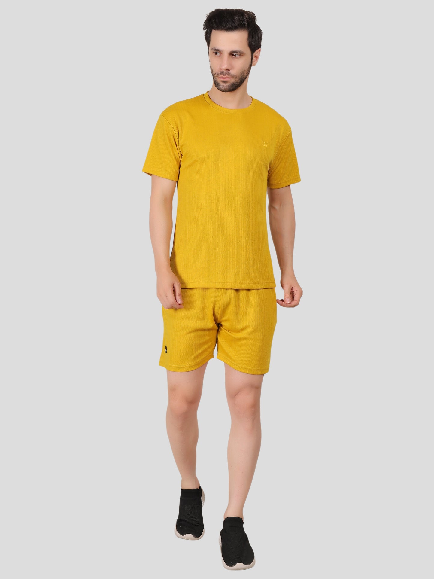 YOUTH ROBE Men's Co-Ord Set , Knitted T-Shirt and Short  (Mustard Yellow)