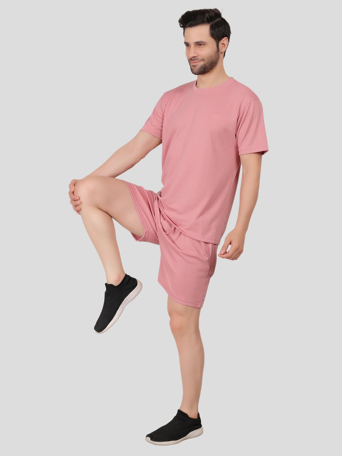 YOUTH ROBE Men's Co-Ord Set , Knitted T-Shirt and Short  (Pink)