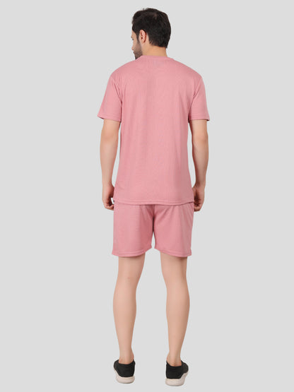 YOUTH ROBE Men's Co-Ord Set , Knitted T-Shirt and Short  (Pink)