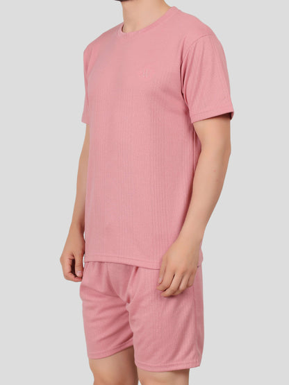 YOUTH ROBE Men's Co-Ord Set , Knitted T-Shirt and Short  (Pink)