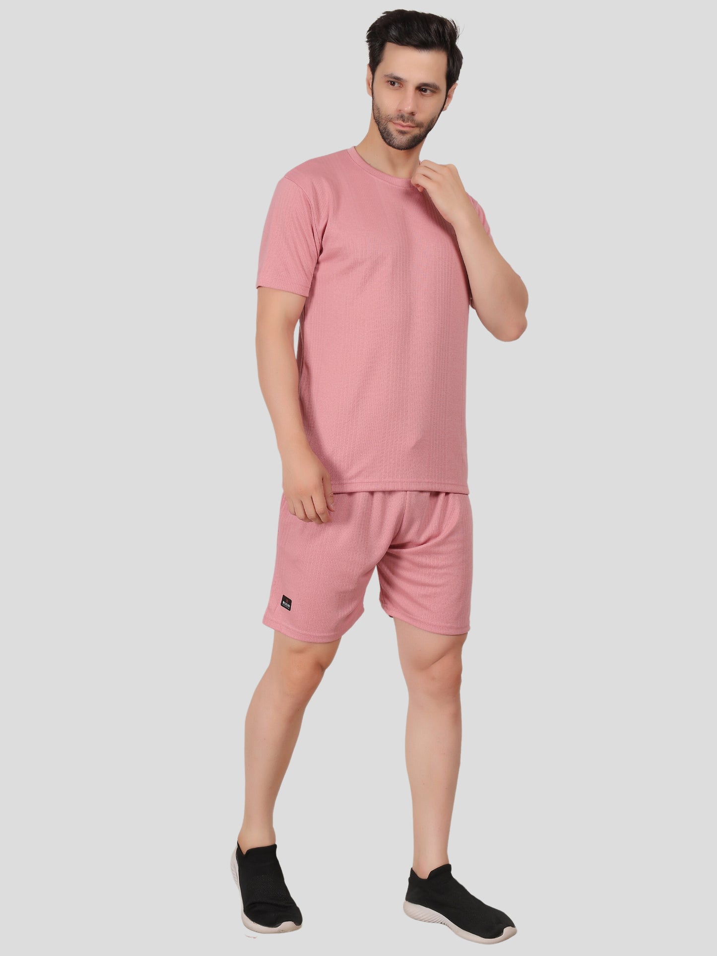 YOUTH ROBE Men's Co-Ord Set , Knitted T-Shirt and Short  (Pink)