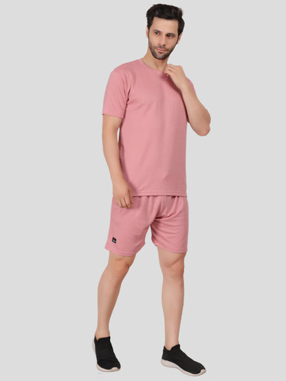 YOUTH ROBE Men's Co-Ord Set , Knitted T-Shirt and Short  (Pink)