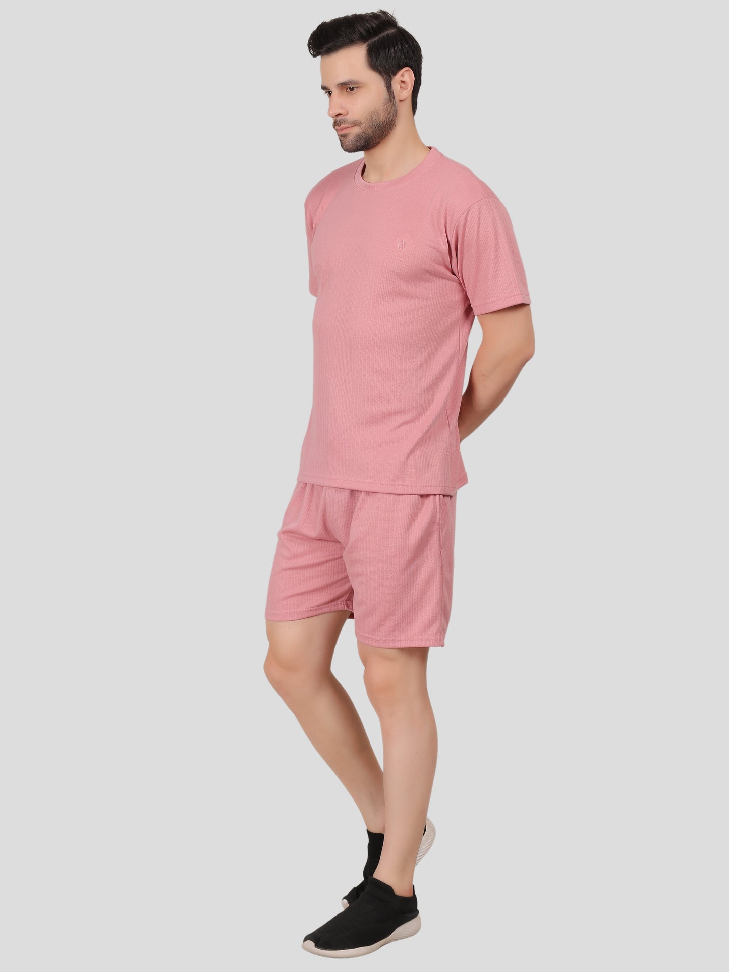 YOUTH ROBE Men's Co-Ord Set , Knitted T-Shirt and Short  (Pink)