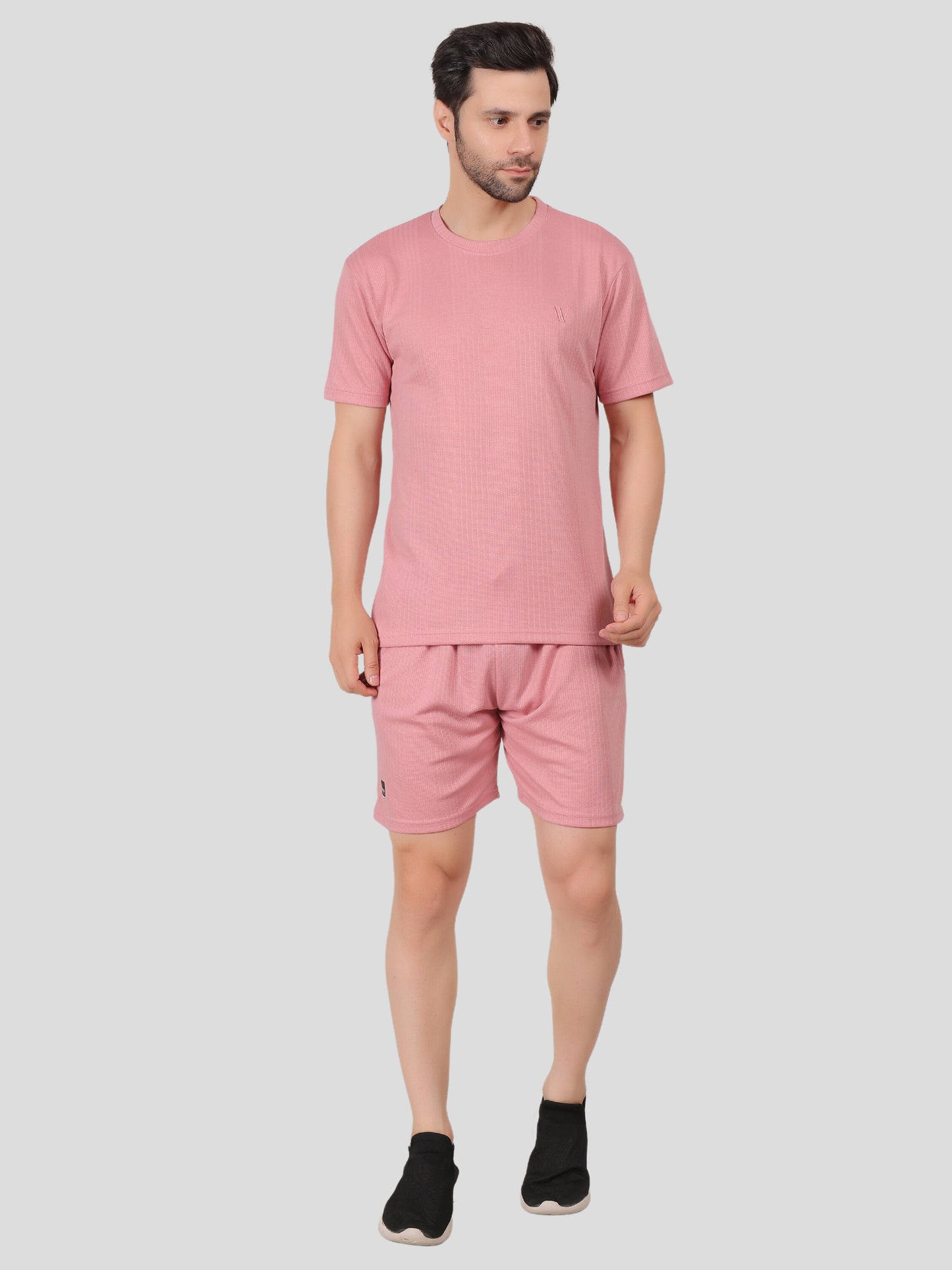 YOUTH ROBE Men's Co-Ord Set , Knitted T-Shirt and Short  (Pink)