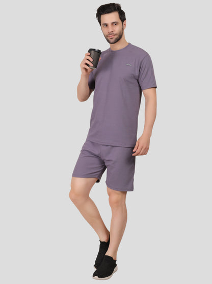 YOUTH ROBE Men's Co-Ord Set , Knitted T-Shirt and Short  (Purple)