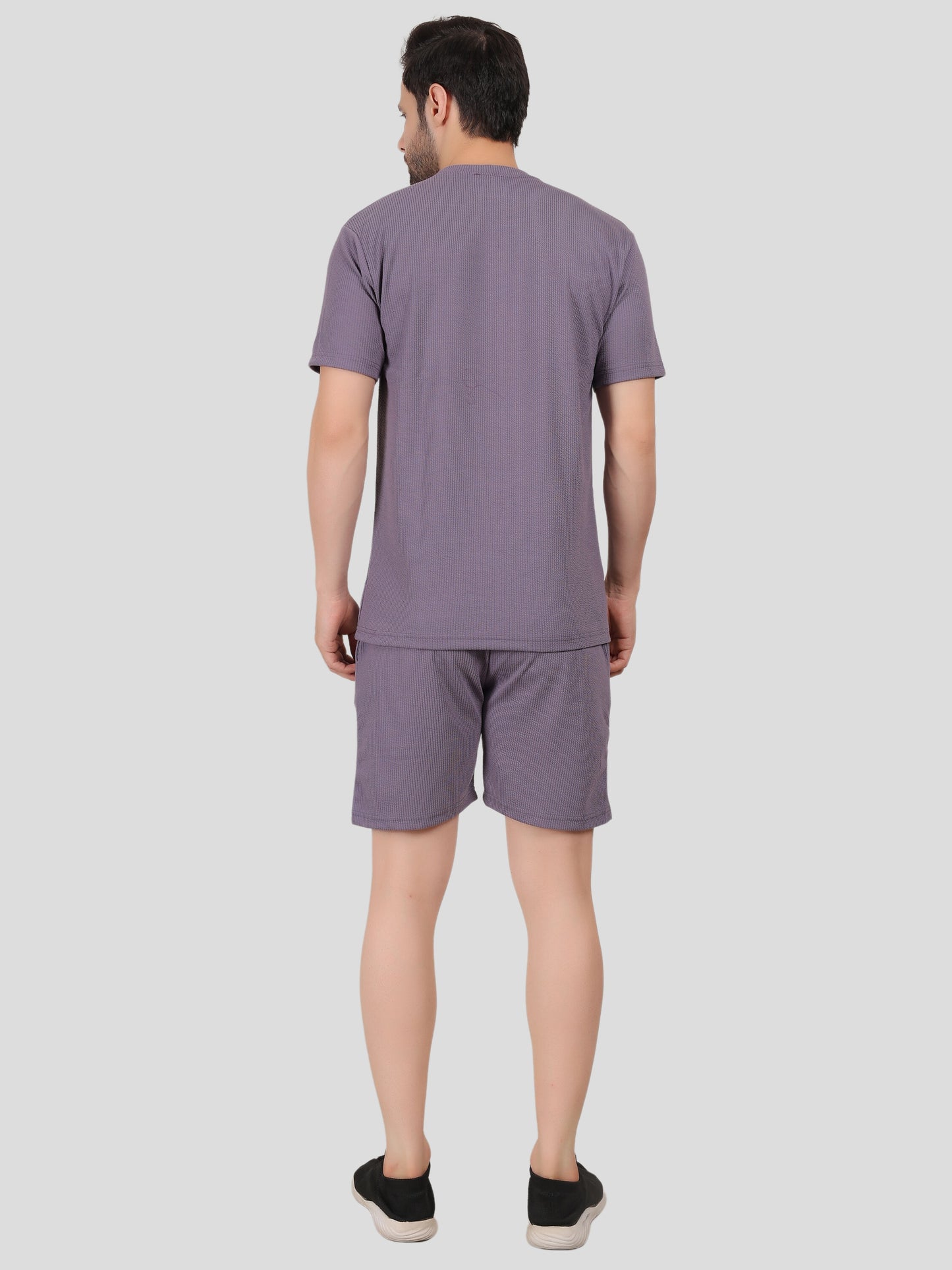 YOUTH ROBE Men's Co-Ord Set , Knitted T-Shirt and Short  (Purple)