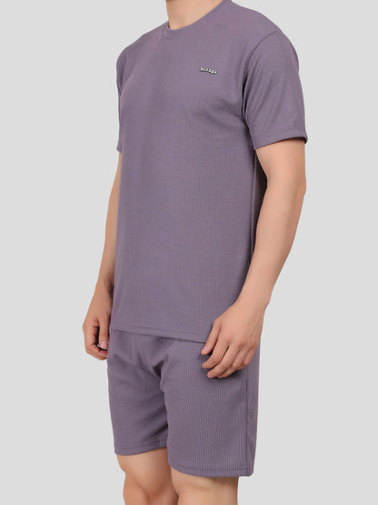 YOUTH ROBE Men's Co-Ord Set , Knitted T-Shirt and Short  (Purple)