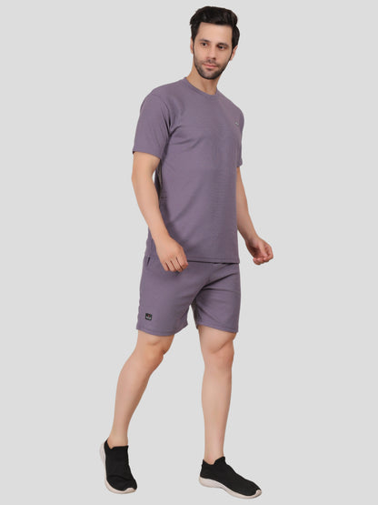 YOUTH ROBE Men's Co-Ord Set , Knitted T-Shirt and Short  (Purple)