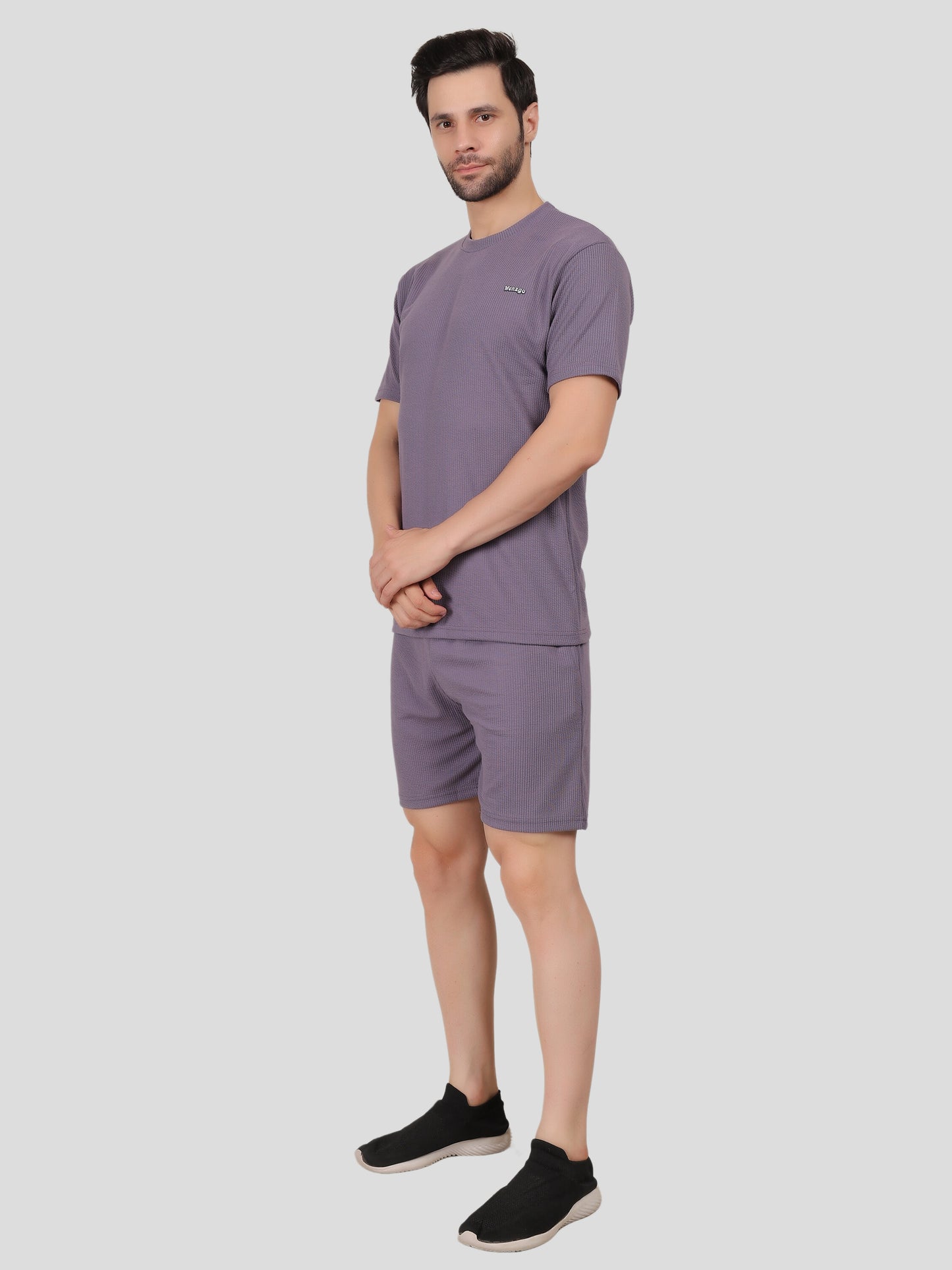 YOUTH ROBE Men's Co-Ord Set , Knitted T-Shirt and Short  (Purple)