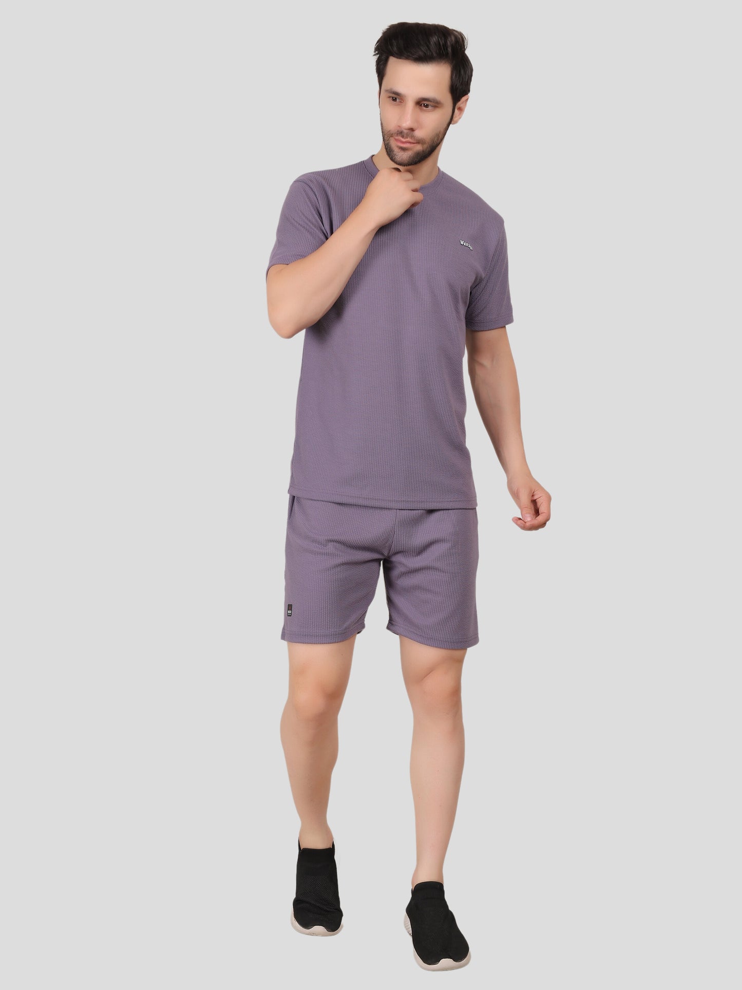 YOUTH ROBE Men's Co-Ord Set , Knitted T-Shirt and Short  (Purple)