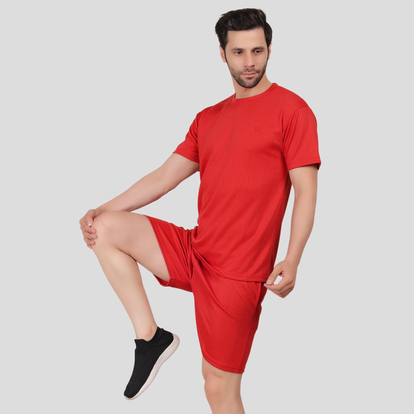 YOUTH ROBE Men's Co-Ord Set , Knitted T-Shirt and Short  (Red)