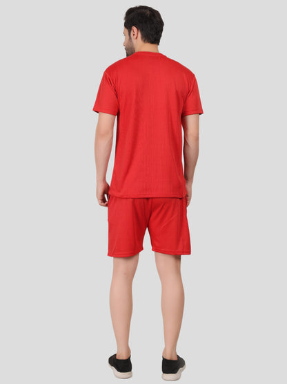 YOUTH ROBE Men's Co-Ord Set , Knitted T-Shirt and Short  (Red)