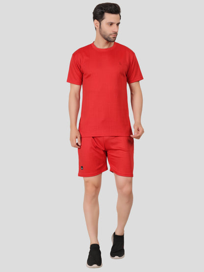 YOUTH ROBE Men's Co-Ord Set , Knitted T-Shirt and Short  (Red)