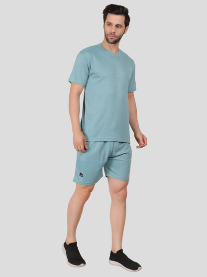 YOUTH ROBE Men's Co-Ord Set , Knitted T-Shirt and Short  (Subrine Blue)