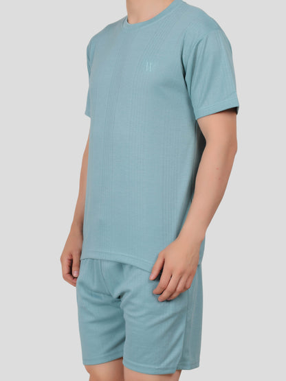 YOUTH ROBE Men's Co-Ord Set , Knitted T-Shirt and Short  (Subrine Blue)