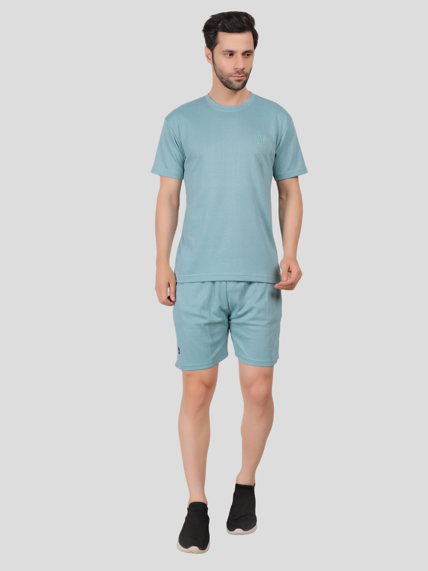 YOUTH ROBE Men's Co-Ord Set , Knitted T-Shirt and Short  (Subrine Blue)