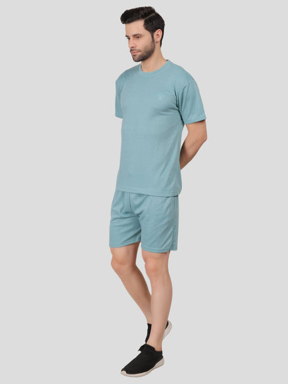 YOUTH ROBE Men's Co-Ord Set , Knitted T-Shirt and Short  (Subrine Blue)