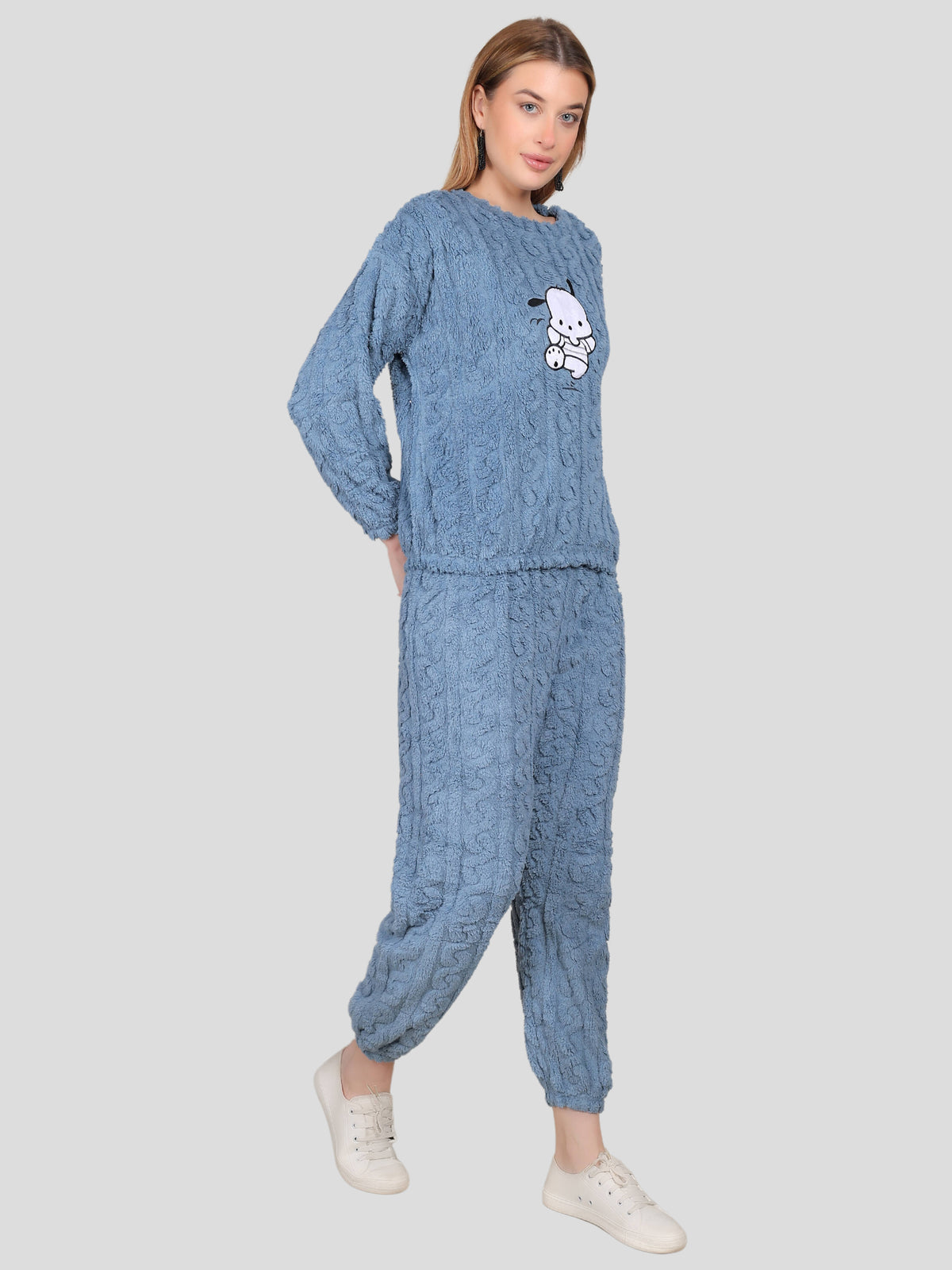 Women's Teddy Woolen Top and Bottom Co-Ord Set (Blue)