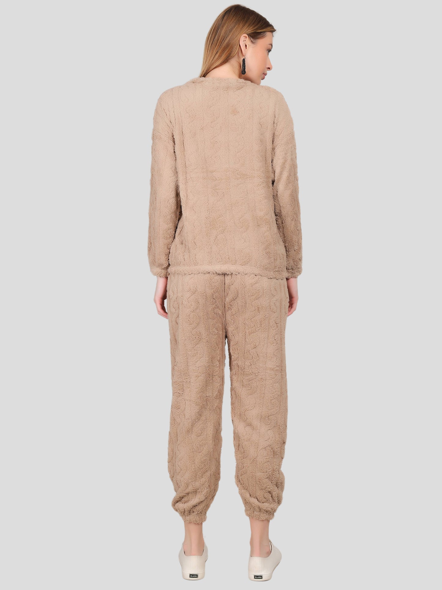 YOUTH ROBE Women's Teddy Woolen Top And Bottom Co-Ord Set (Light Brown)