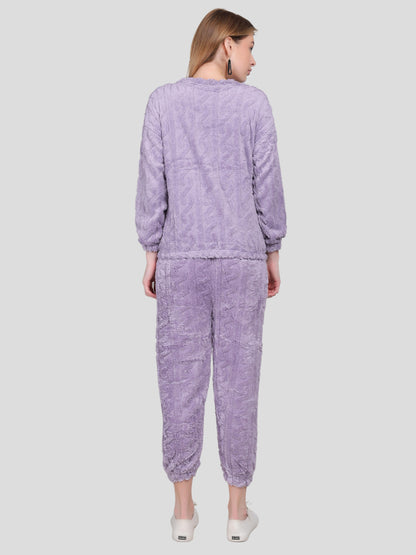 YOUTH ROBE Women's Teddy Woolen Top And Bottom Co-Ord Set (Light Purple)