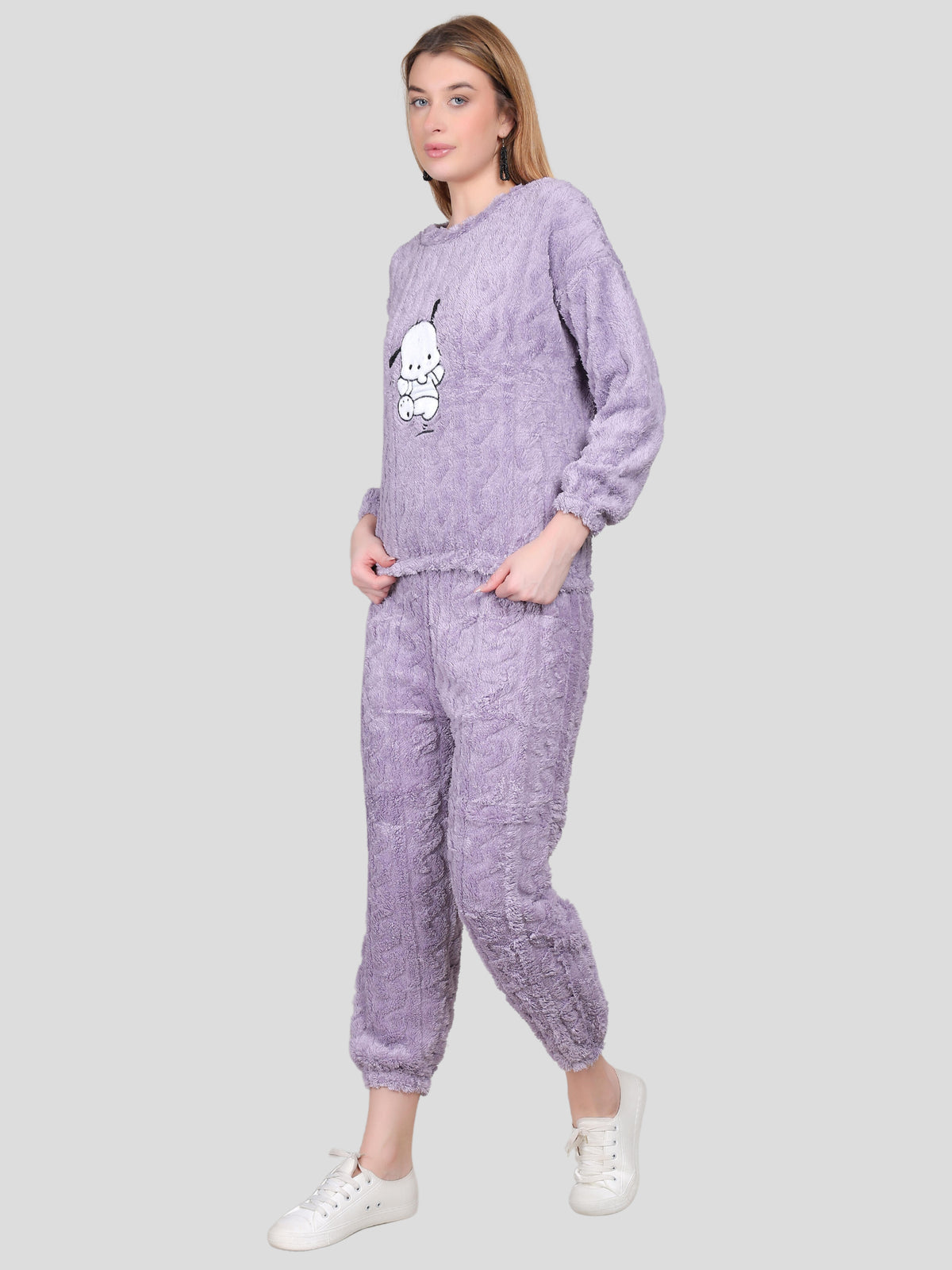 Women's Teddy Woolen Top and Bottom Co-Ord Set (Light Purple)