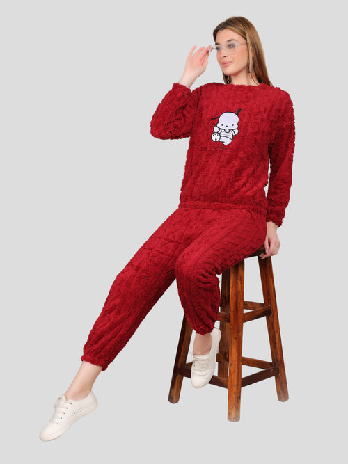 Women's Teddy Woolen Top and Bottom Co-Ord Set (Maroon)