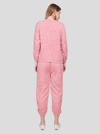 YOUTH ROBE Women's Teddy Woolen Top And Bottom Co-Ord Set (Pink)