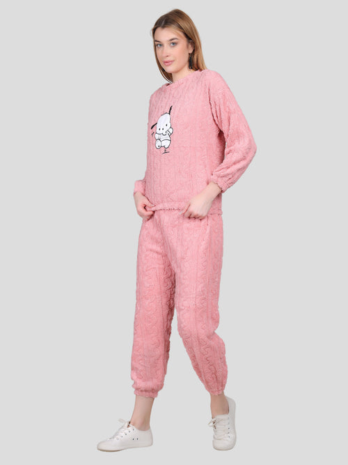 Women's Teddy Woolen Top and Bottom Co-Ord Set (Pink)